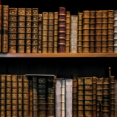 Bookshelf filled with rows of worn, antique leather-bound books with ornate spines in a dimly lit setting.