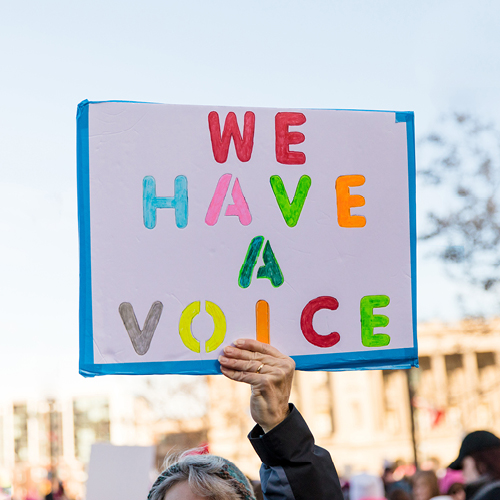 Handmade sign reading ‘WE HAVE A VOICE’ in bright, multicolored stenciled letters, held above a crowd.