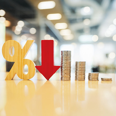 Wooded % sign, red arrow pointing down and four stacks of coins at variable heights