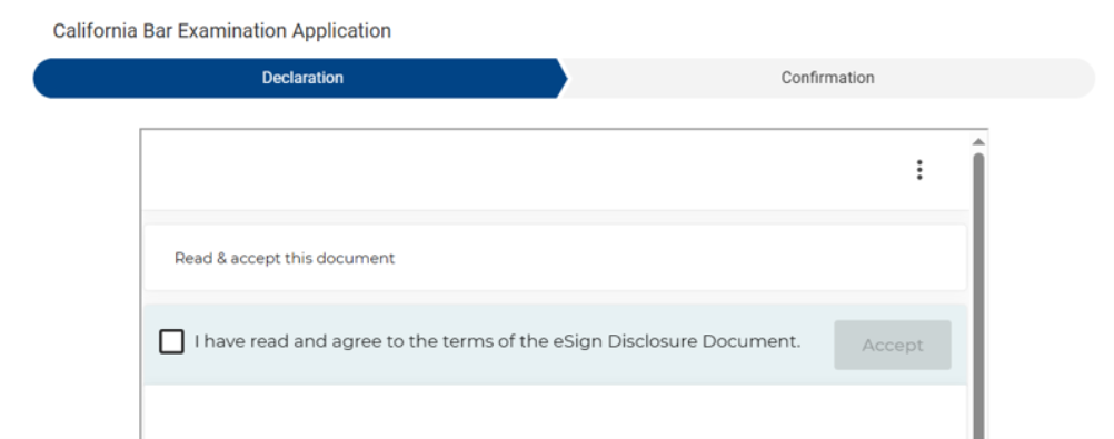 California Bar Exam Application; Declaration/Confirmation, Read and Accept this document screen shot