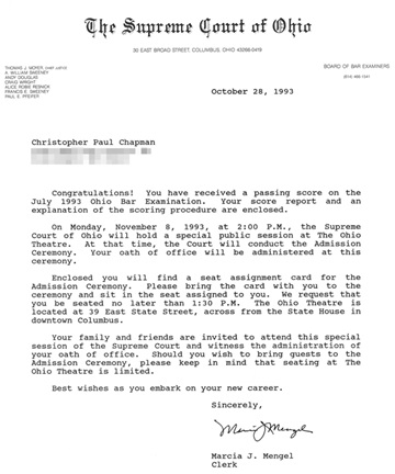 Chris Chapman, bar pass letter