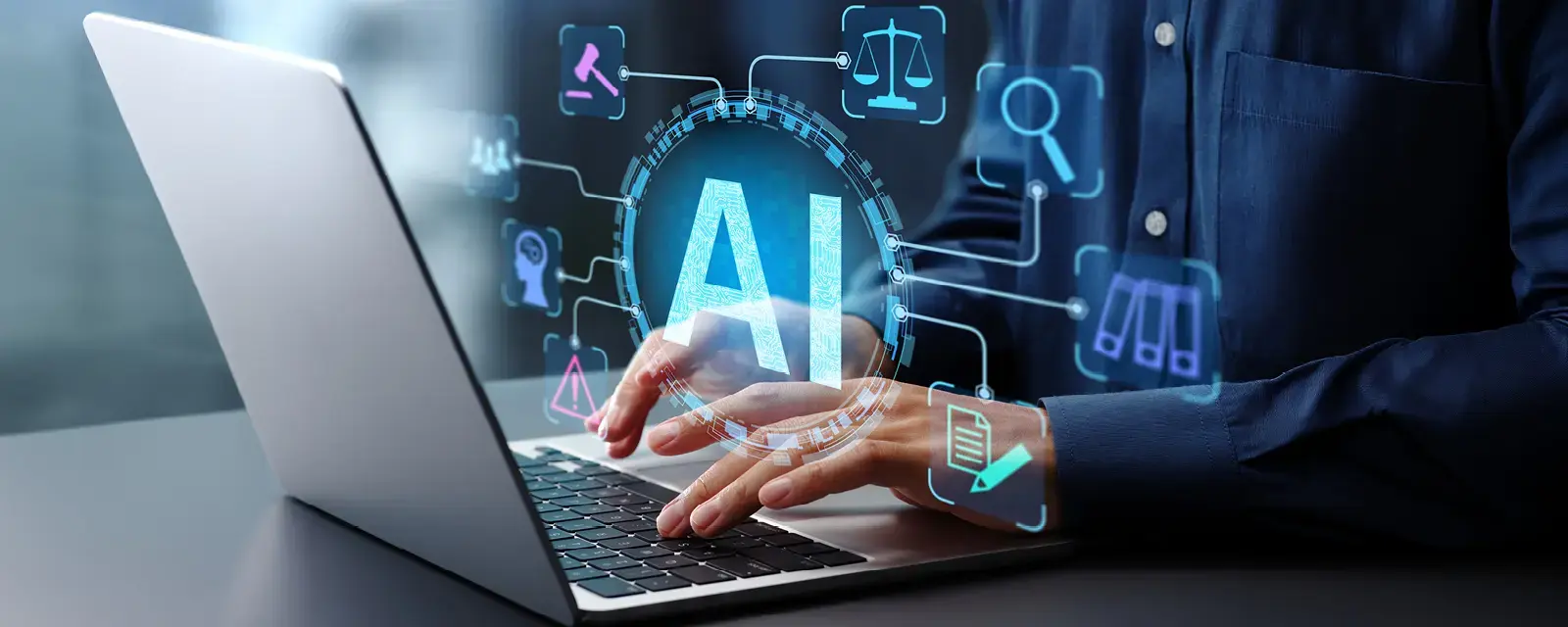 Fingers at a keyboard with stylized 'AI' and icons overlay