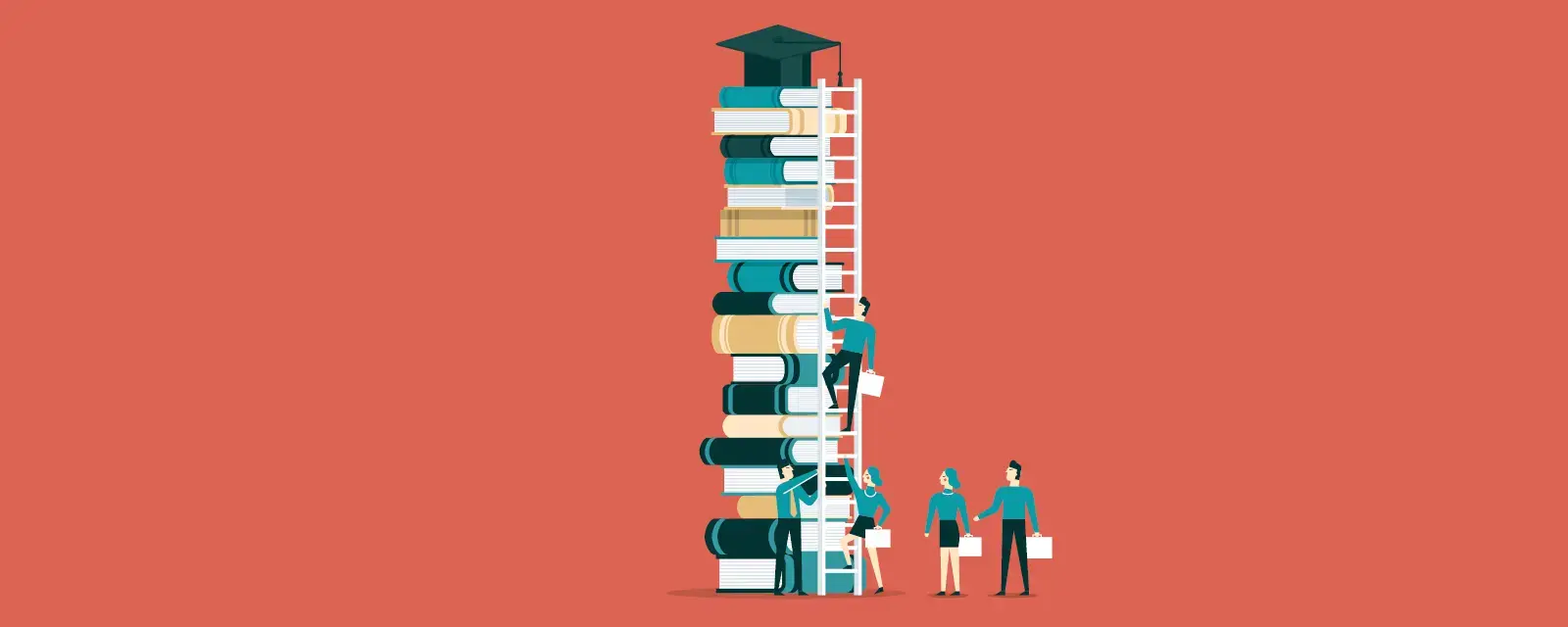Cartoon image of people climbing a ladder against a stack of books. A graduation cap on the top of the stack.
