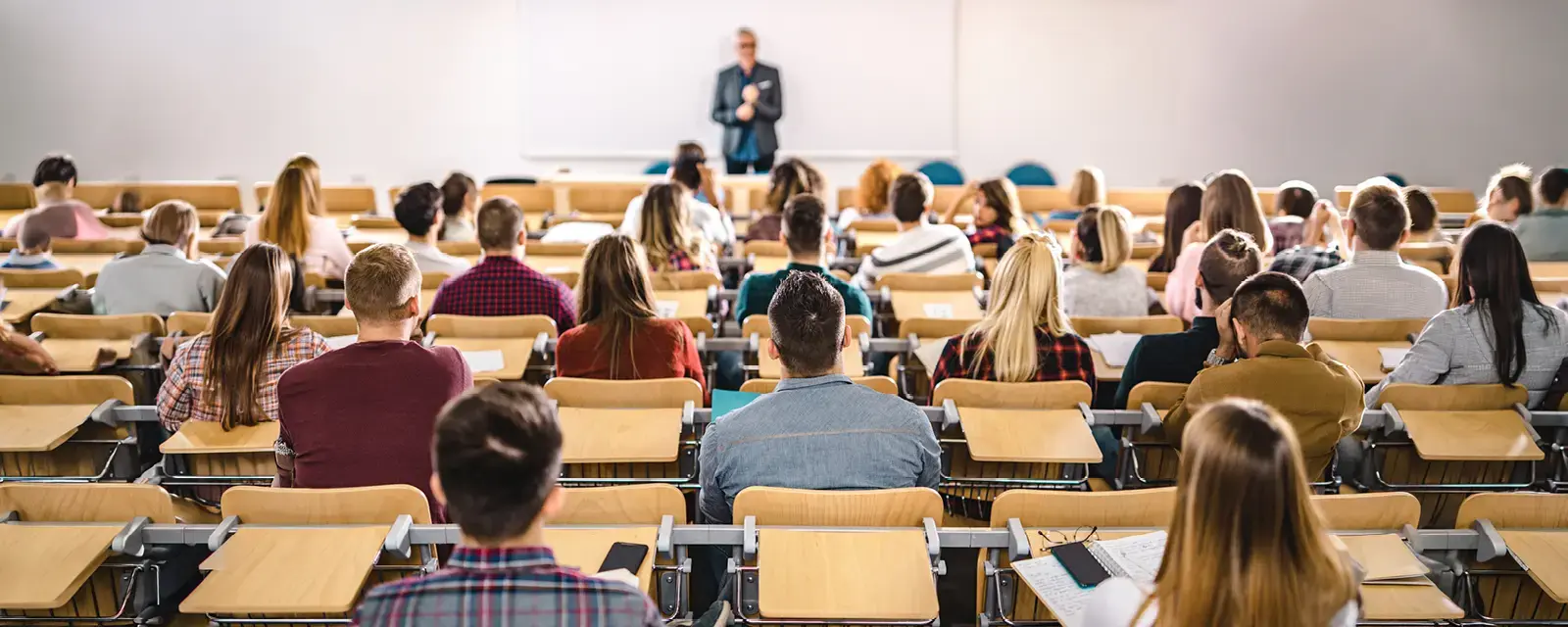 View from behind of students seated in a classroom facing their instructor at the front of the room.