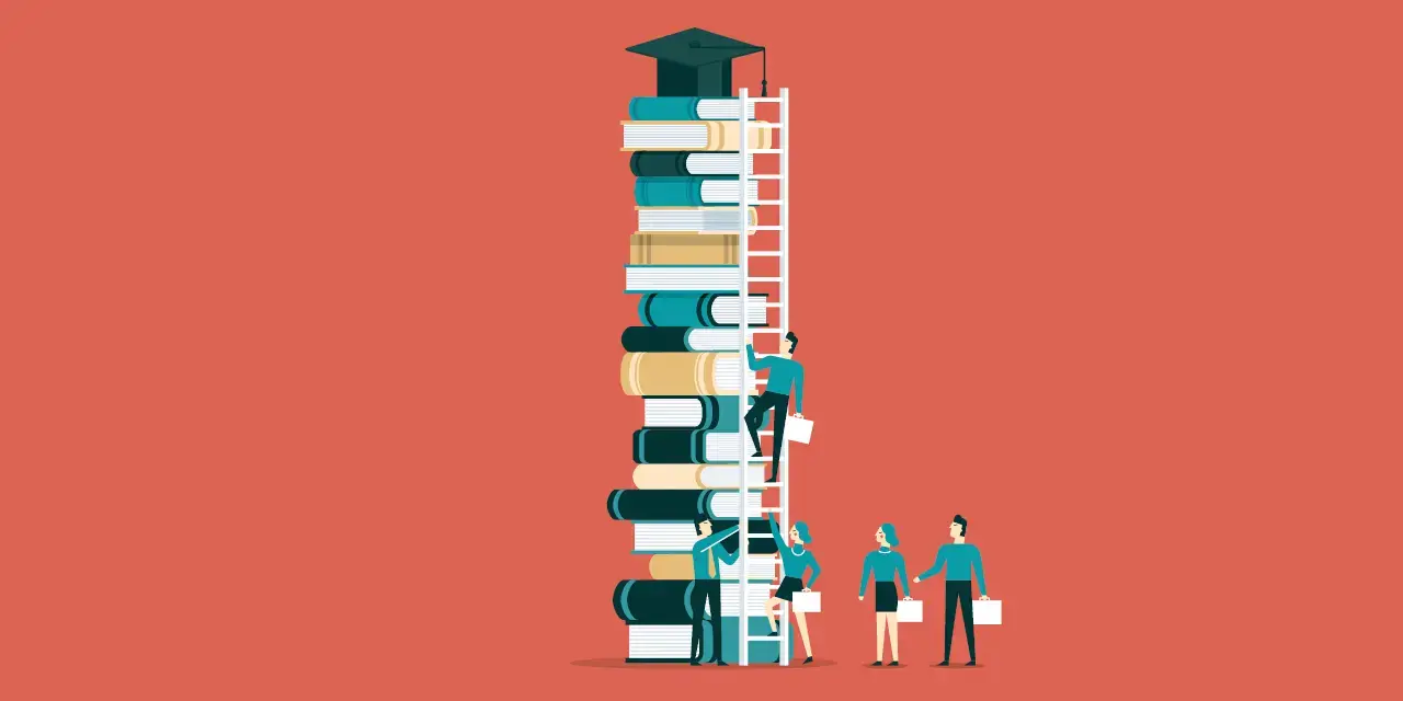 Cartoon image of people climbing a ladder against a stack of books. A graduation cap on the top of the stack.