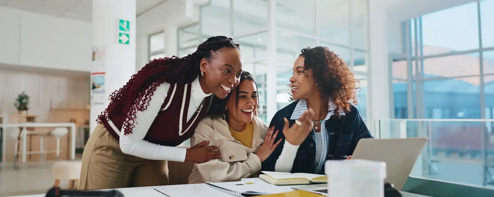 Young professional women looking at a laptop, excited and accomplished. Group of friends with computer, achieving goals in an office setting. 
