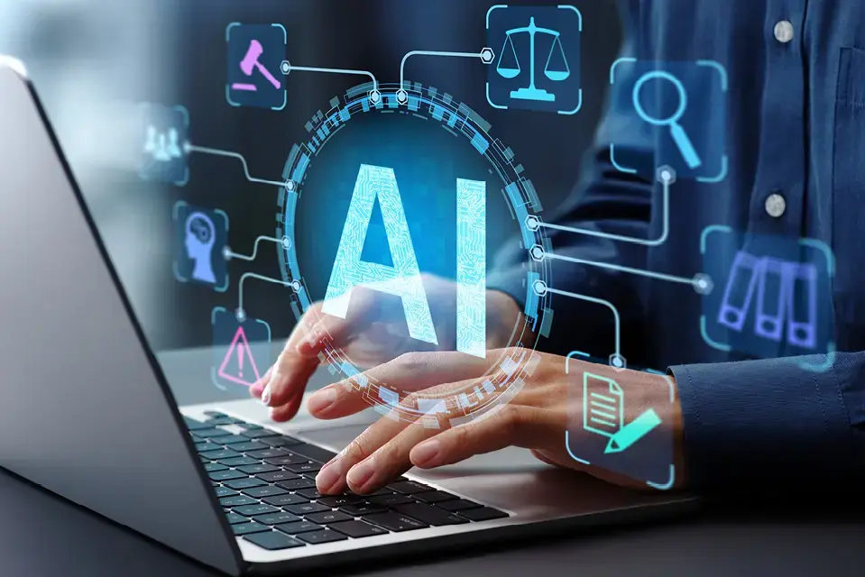 Fingers at a keyboard with stylized 'AI' and icons overlay