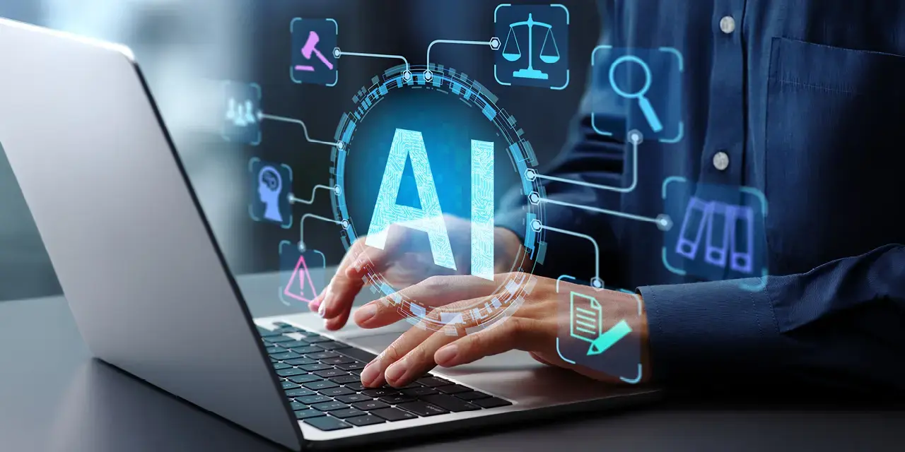 Fingers at a keyboard with stylized 'AI' and icons overlay