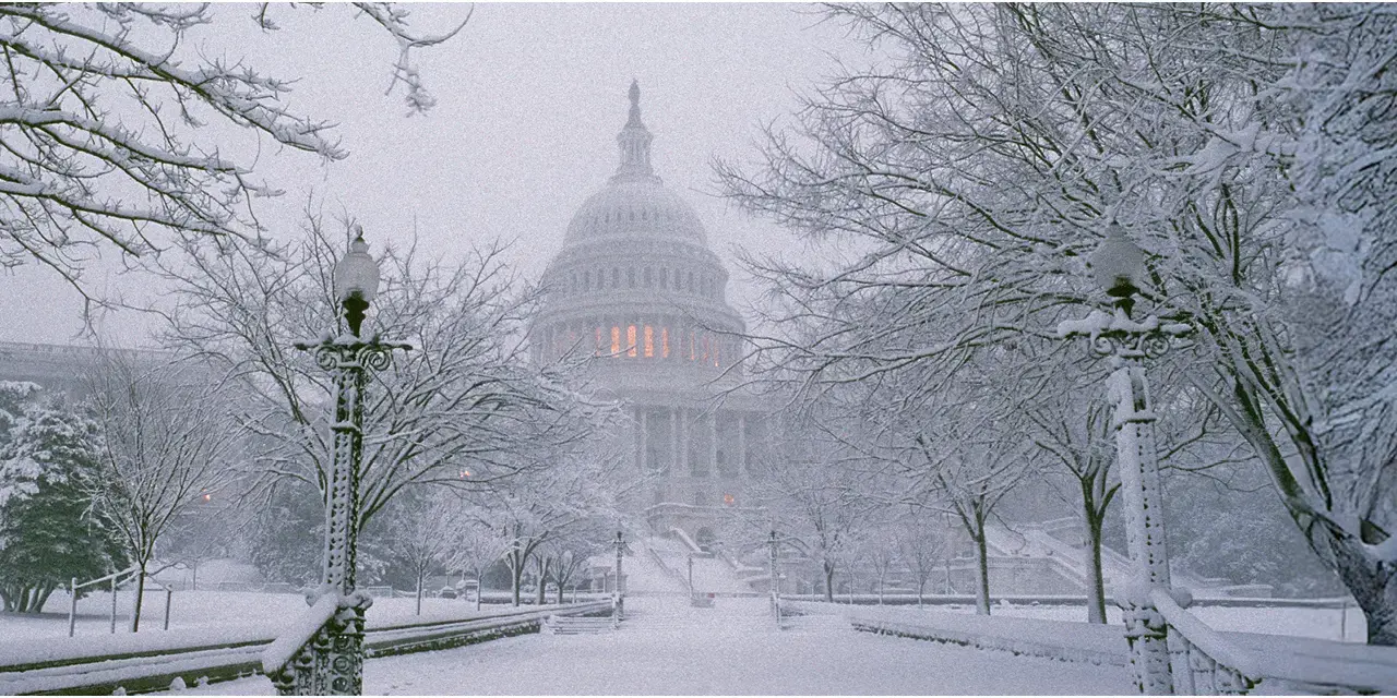 U.S. Capitol Building on a winter day with trees heavy laden in snow.