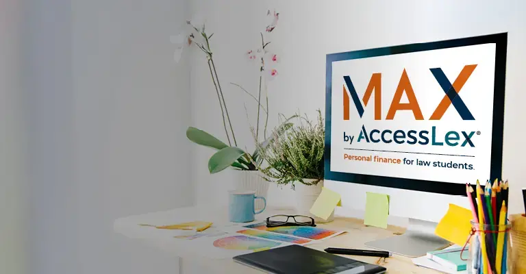Desktop computer monitor screen displaying the MAX by AccessLex logo