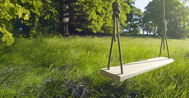 Homemade swing in sunny English countryside.
