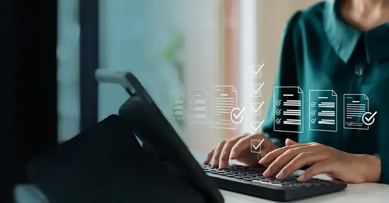Business performance monitoring concept and businesswoman using laptop.