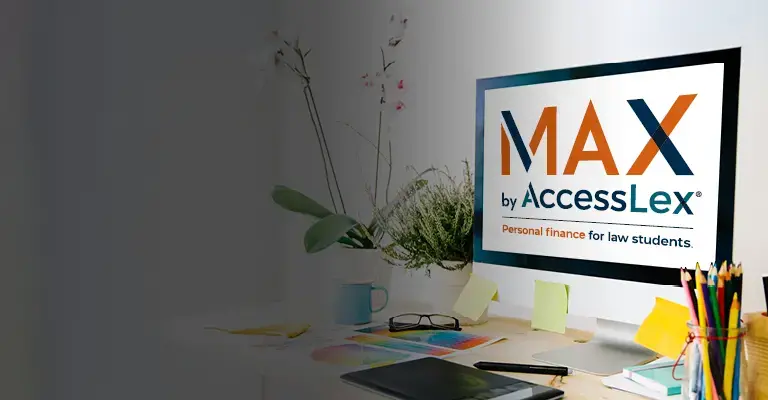 Desktop computer monitor screen displaying the MAX by AccessLex logo