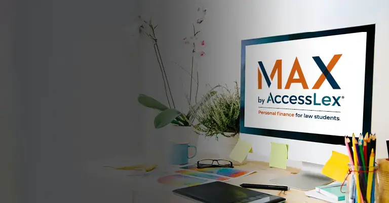 Desktop computer monitor screen displaying the MAX by AccessLex logo