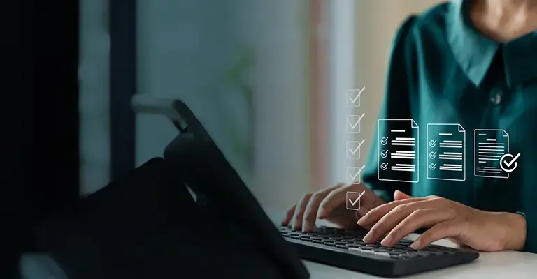Business performance monitoring concept and businesswoman using laptop.