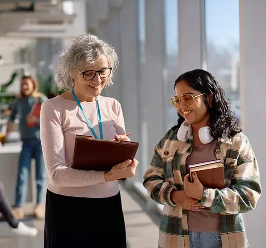 Law School Administrator talks with a student about JDEdge