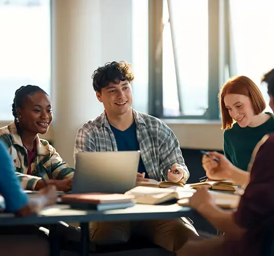 Law Students sitting around a table chatting about JDEdge